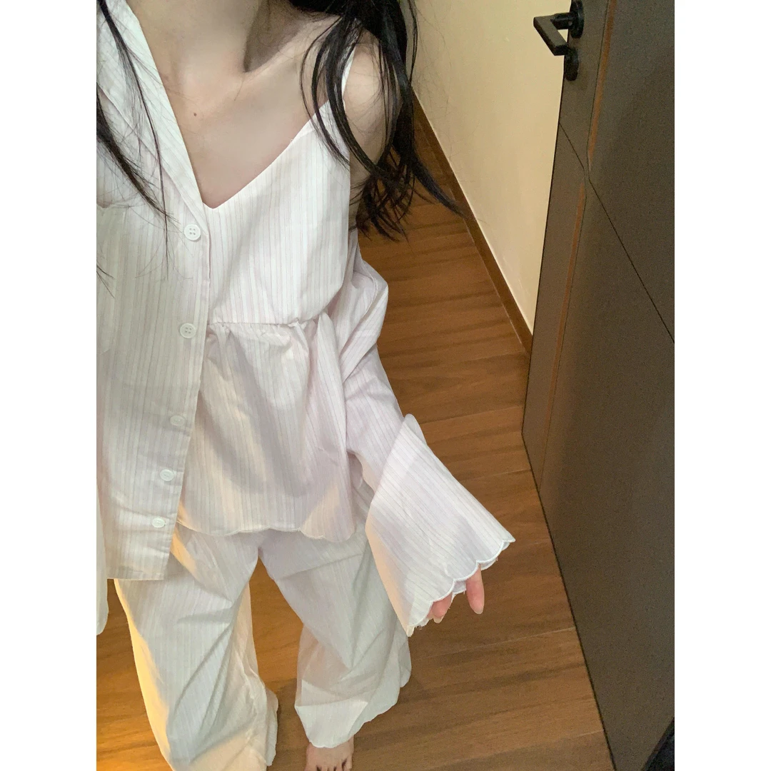 高级感条纹衬衫睡衣女吊带早秋季新款长裤三件套家居服套装上衣
