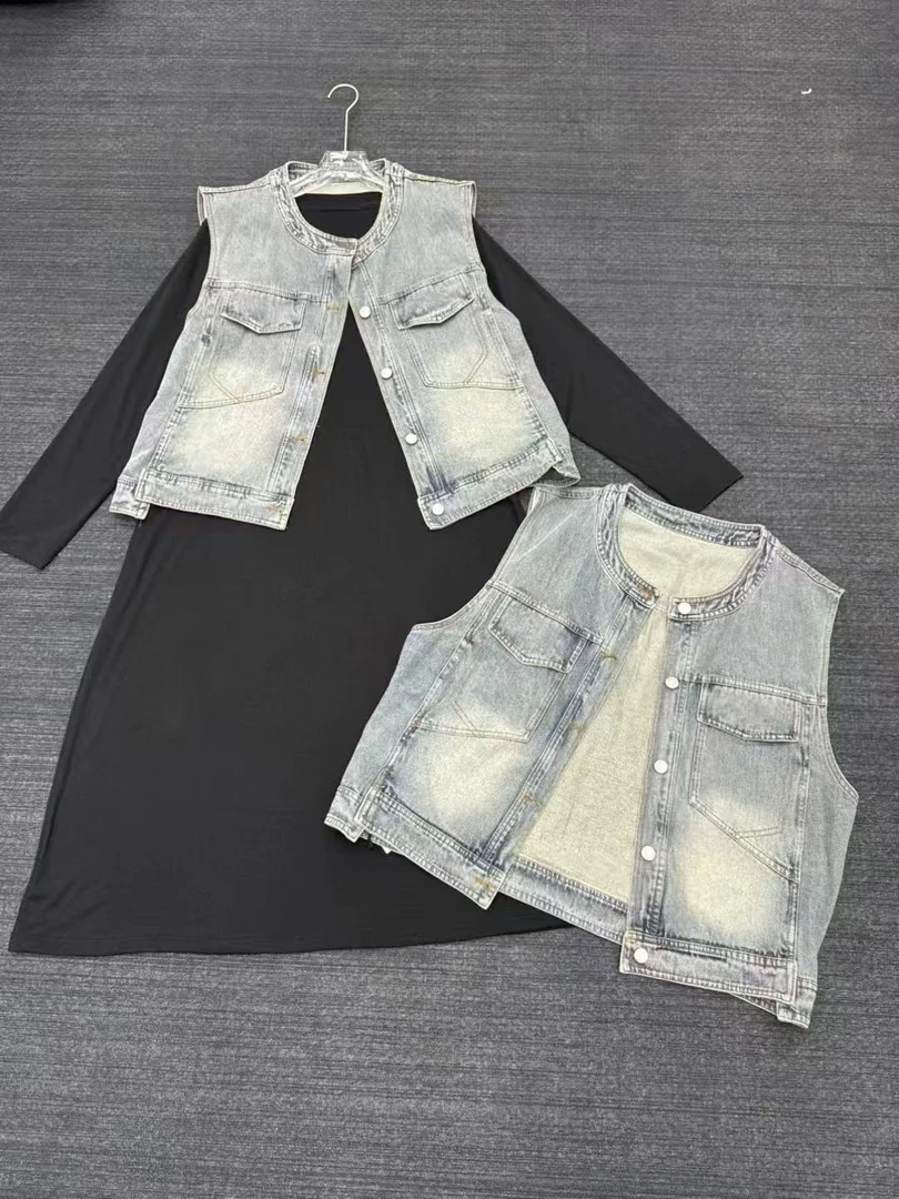 时尚牛仔马甲配连衣裙叠穿套装女夏后妈裙新款时尚洋气百搭女