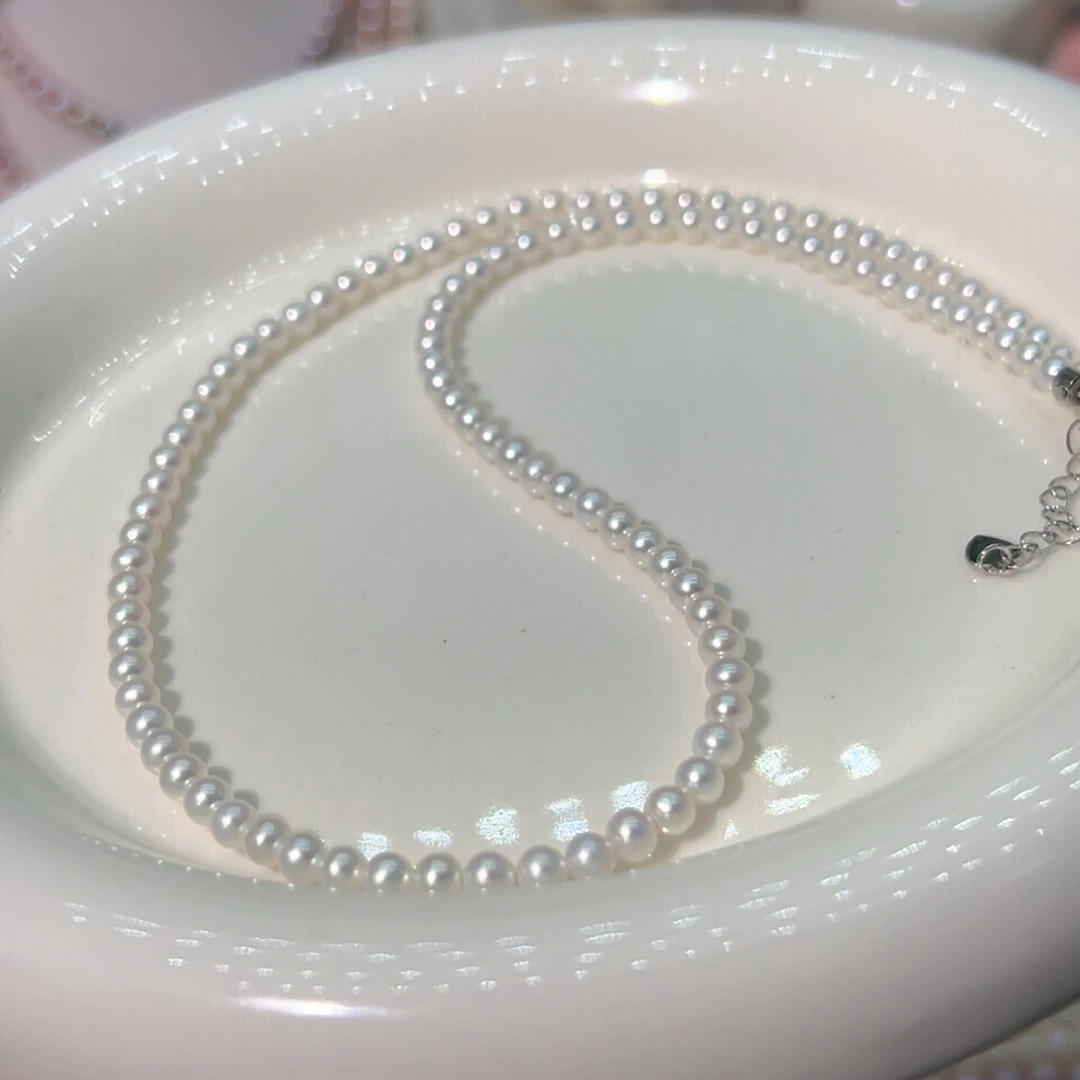 淡水珍珠银S925镶嵌3.5到4正圆极光天然珍珠微瑕