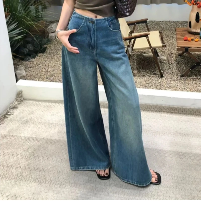 XiANJiE 2025复古俏皮高级感大阔腿裤显瘦气质A字复古棉牛仔裤女