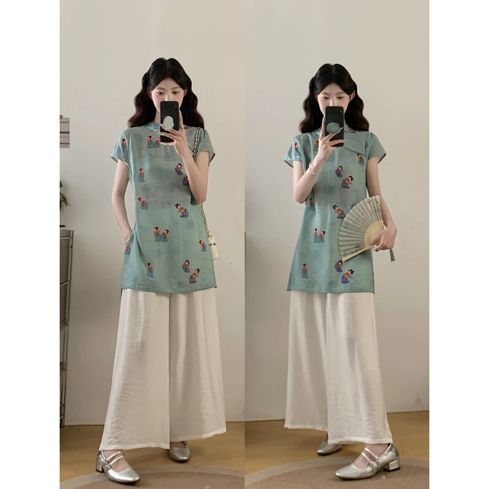 胖MM大码女装2025夏款复古新中式改良旗袍上衣+阔腿裤两件套套装