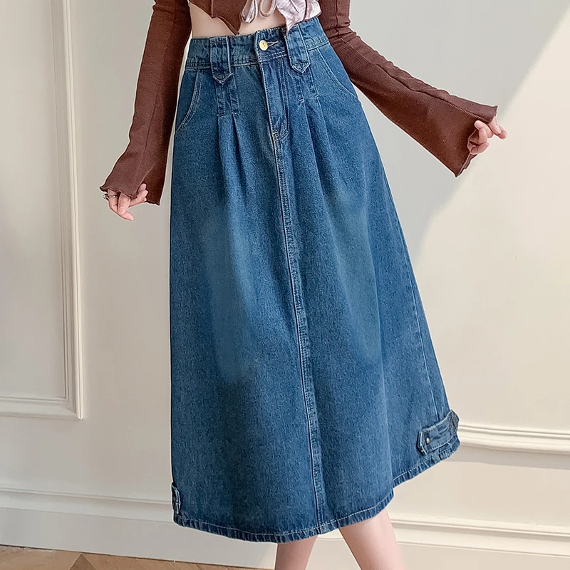 复古牛仔半身裙女2025春夏新款中长高腰显瘦学生A字包臀大摆伞裙