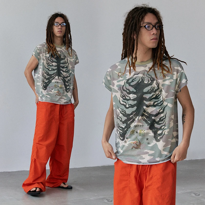 年九一口贰“醒来”迷彩印花破洞轻薄Vintage短袖T恤