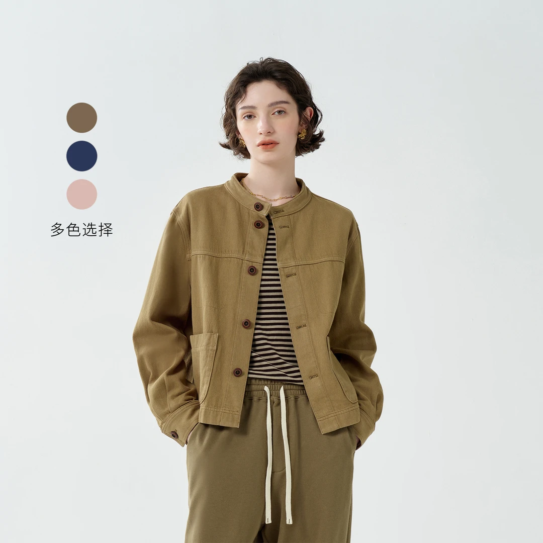 EIN/言都市轻工装洗水小立领休闲复古牛仔短外套女2025早秋新款