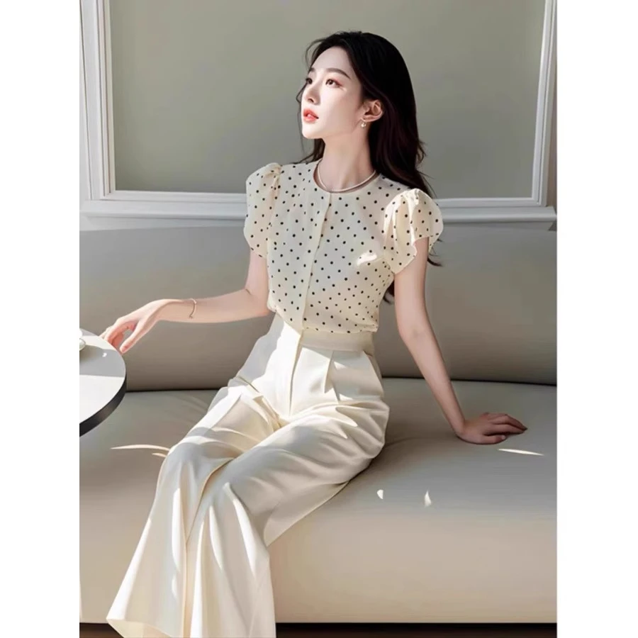 2025夏装搭配一整套盐系轻熟超好看白色波点衬衫裤子两件通勤套装