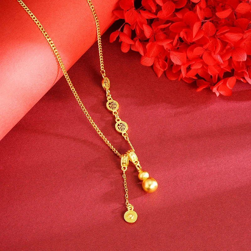 铜合金项链 新款古法项链国潮镂空福牌葫芦流苏锁骨链民族风