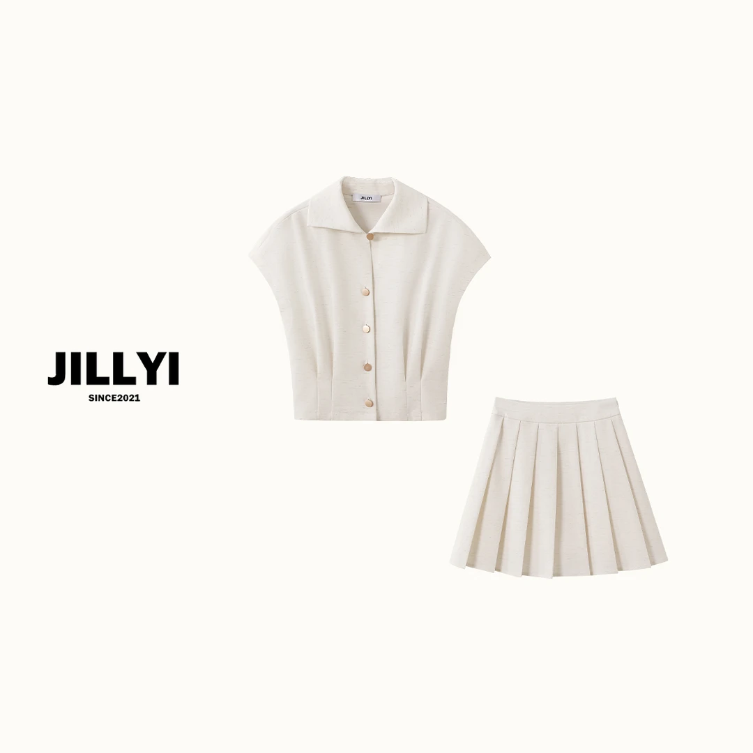 JILLYI南山店【椰蓉奶油】奶白色半开领马甲+奶白色百褶裙时尚百搭