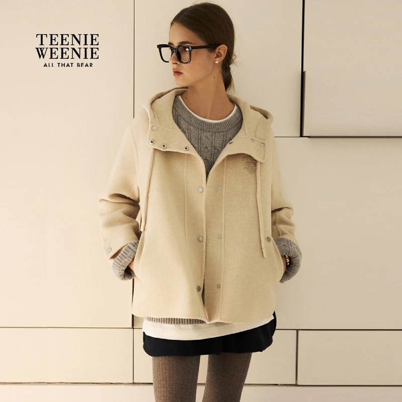 TeenieWeenie小熊毛呢外套25冬新款中长款连帽大衣女TTJW258TCAA