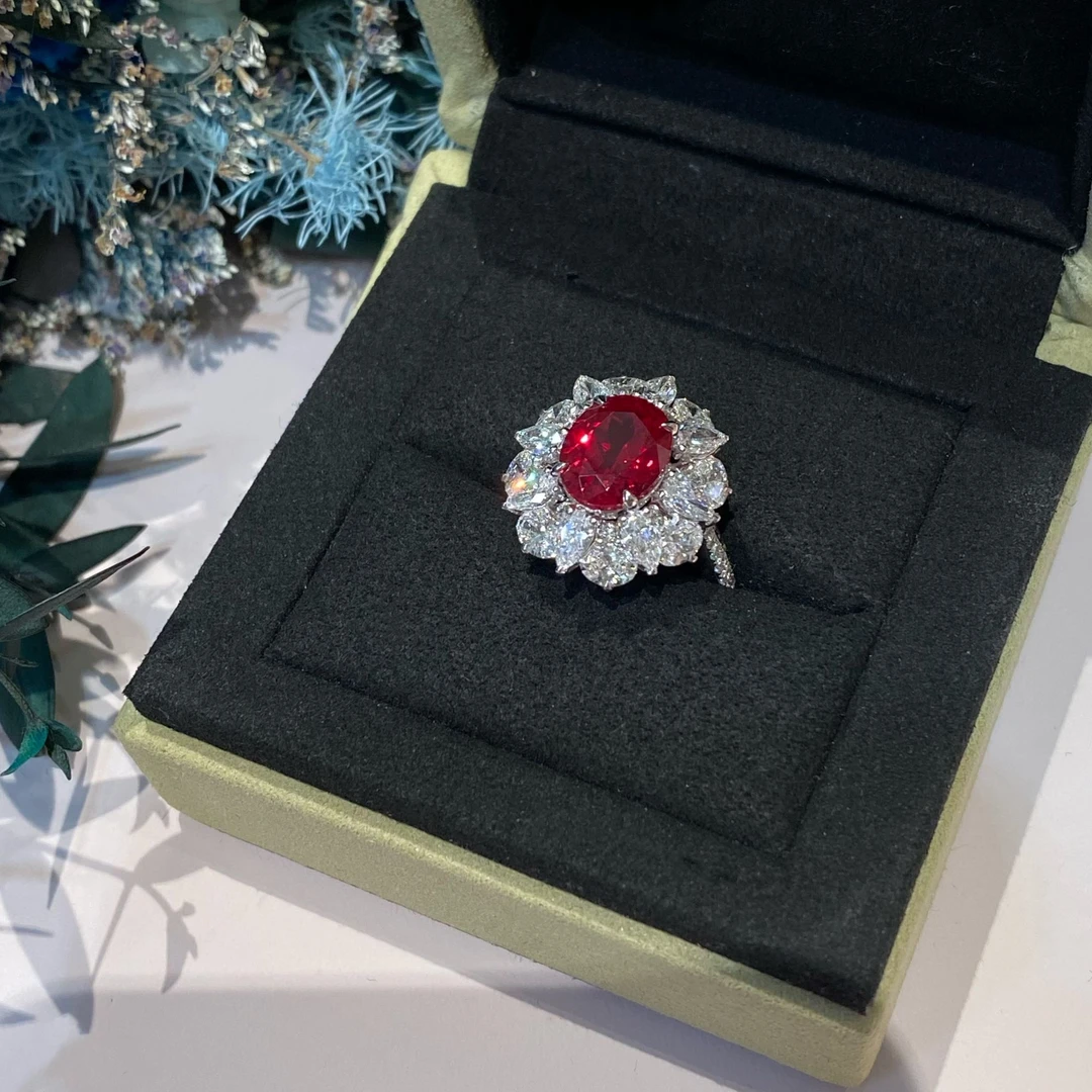 培育红宝石铂金培育鸽血红戒指【主石：3.876ct】