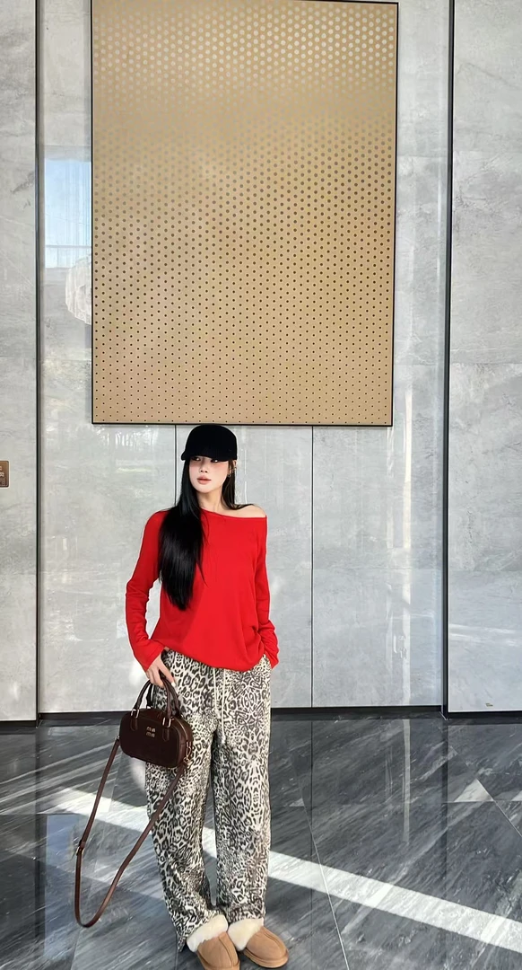 Dami慵懒风豹纹阔腿裤女2025秋季新款松弛垂感休闲直筒拖地长裤