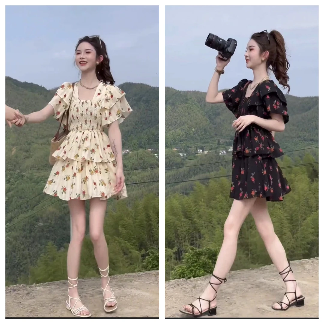 油画风小黄花方领A字多层泡泡袖显高甜美连衣裙