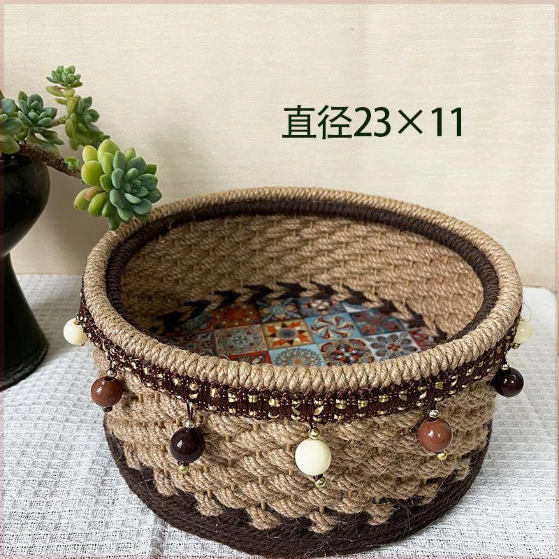 麻绳手工编织成品diy田园手编圆形杂物筐桌面收纳筐