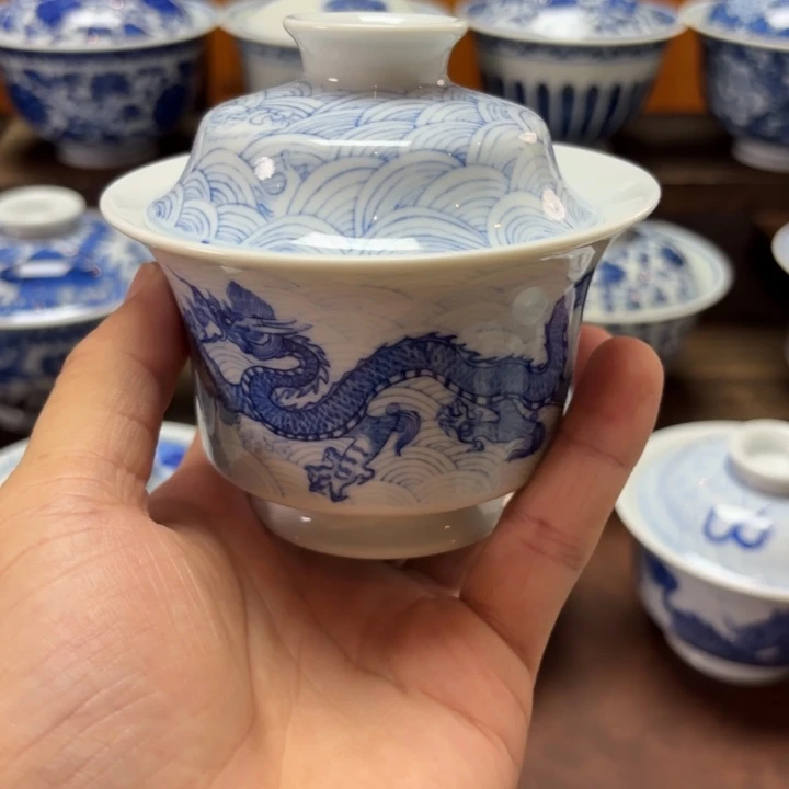 景德镇纯手工手绘龙纹盖碗