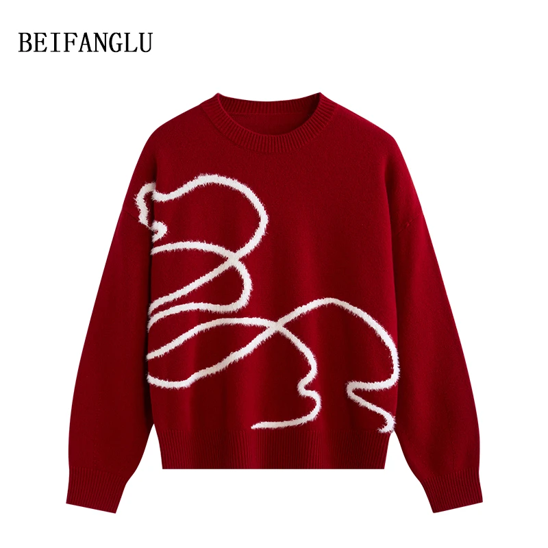 北方鹿 新年红绳结毛衣 绵羊毛2024冬气质圆领套头针织羊毛衫2937