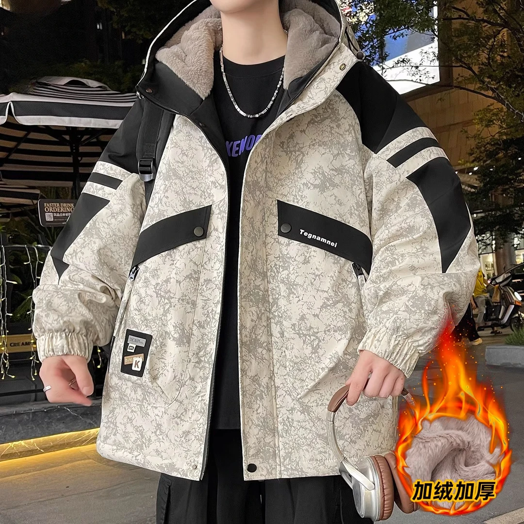 秋冬季青少年宽松连帽加绒加厚夹克学生印花连帽韩版潮流冬季外套