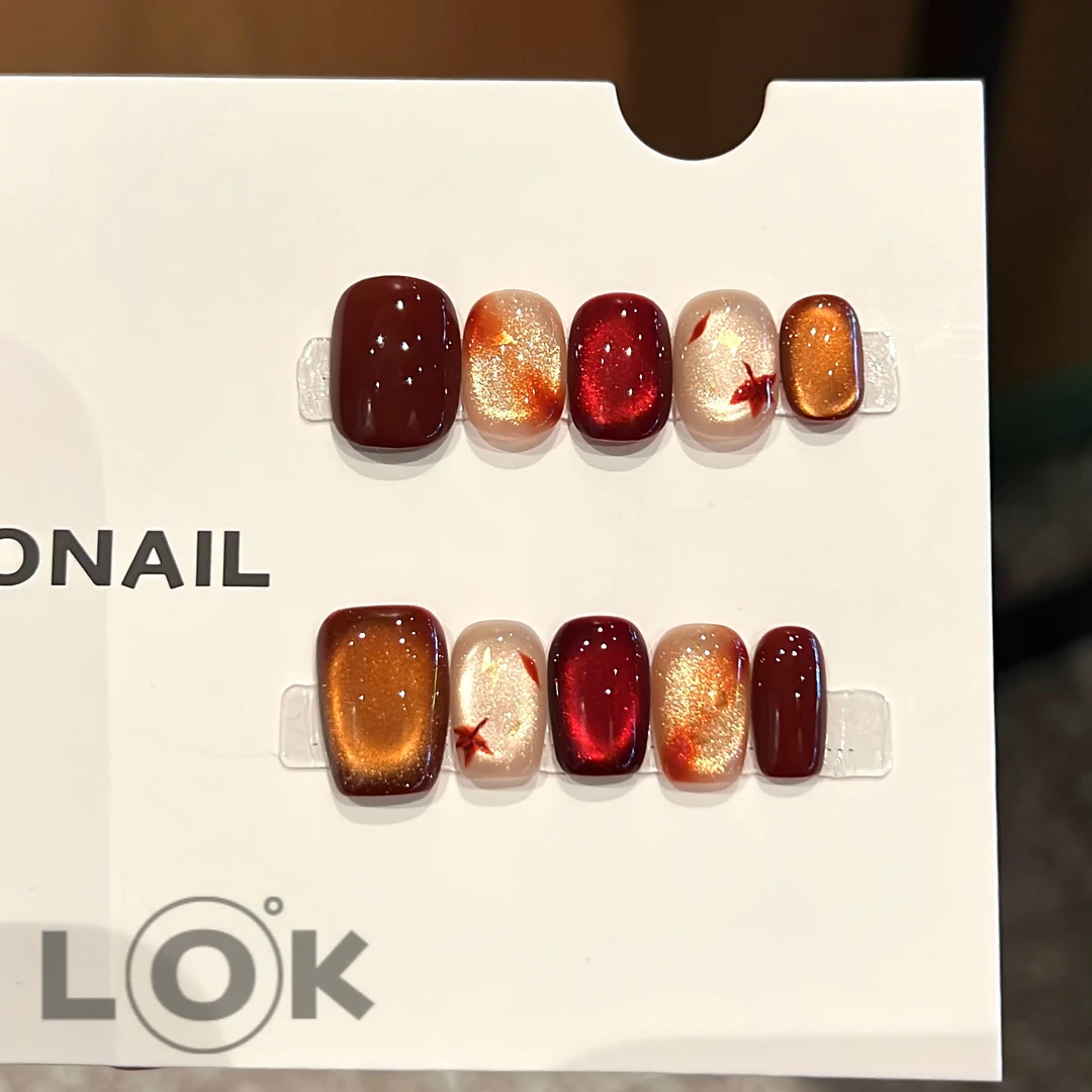 洛克奈儿『落叶』猫眼晕染手绘 纯手工穿戴甲秋冬显白冰透跳色高级