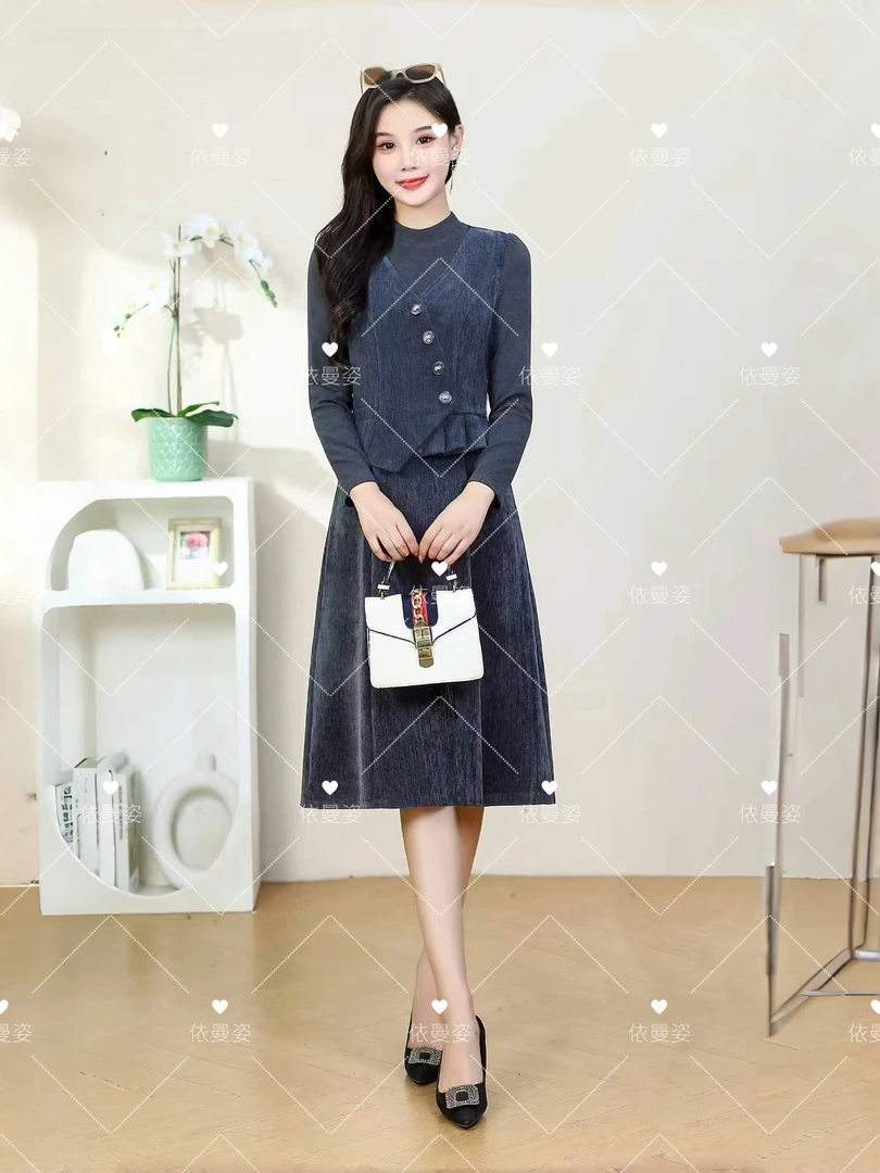 K2Q80高腰显瘦不规则假两件长裙连衣裙秋季女士复古长袖百搭时尚