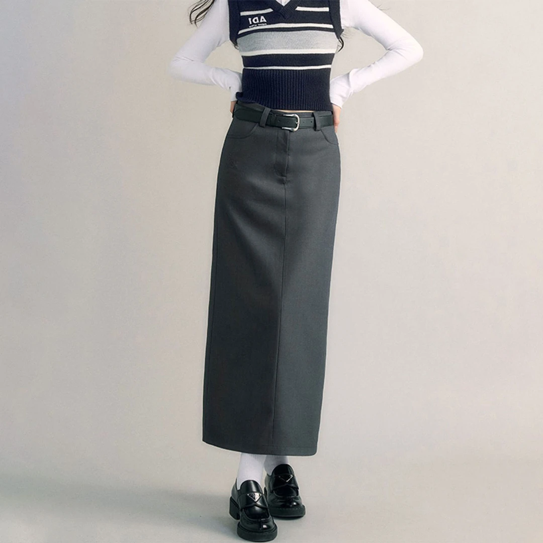 冬季韩系灰色西装高腰显瘦遮肚子半身裙女大码梨型宽松垂感直筒裙