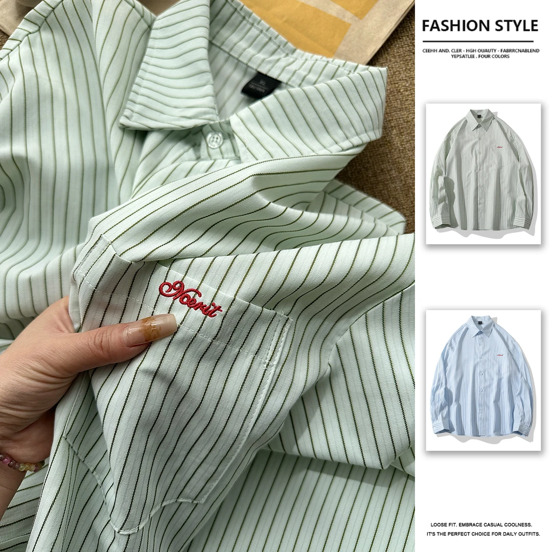 日系简复古薄款清新竖条纹刺绣男士春夏长袖棉质衬衫宽松垂感内搭