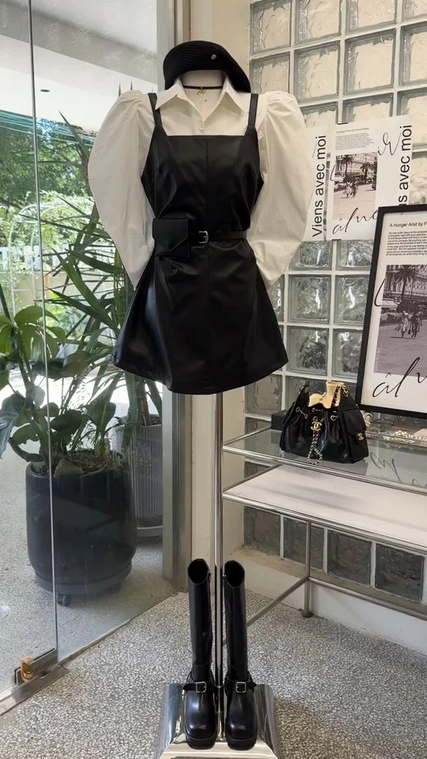 2025秋冬新款韩版气质泡泡袖衬衫吊带显瘦连衣裙女装时尚辣妹套装