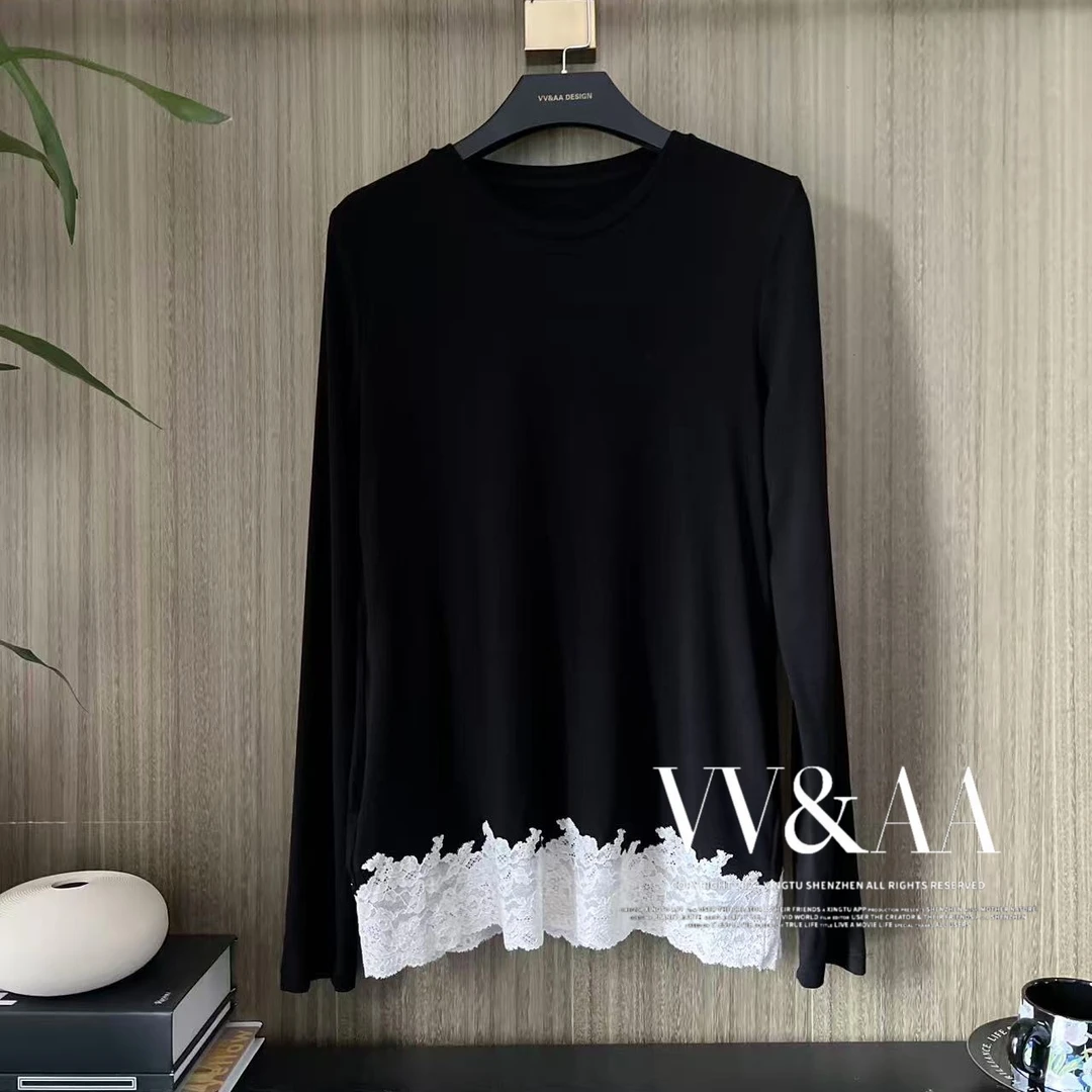 VV&AA 圆领下摆网纱蕾丝花边长袖打底衫 VA89130