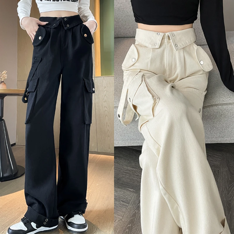 美式高腰直筒宽松工装裤女春秋新款减龄显瘦宽松拖地休闲阔腿裤