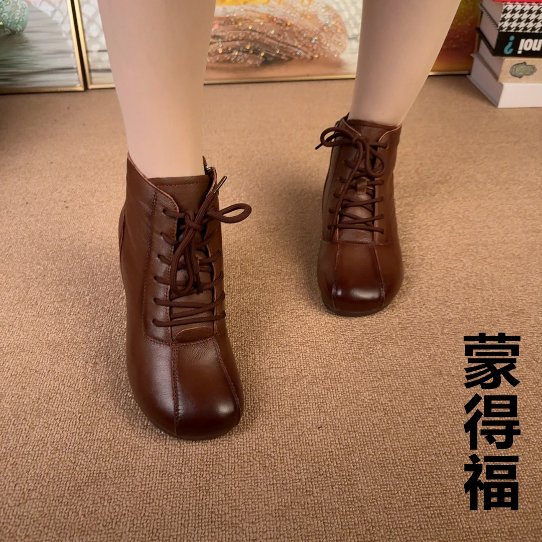 蒙得福系带粗跟低跟防滑四季侧拉链短靴女靴复古秋冬软底加绒圆头