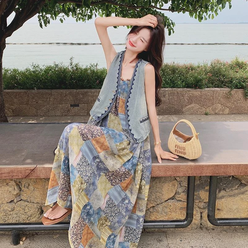 印花法式绝美独特吊带连衣裙套装女2025年夏季新款牛仔马甲两件套