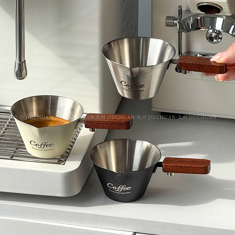 意式浓缩杯胡桃木柄不锈钢咖啡液量杯萃取杯espresso盎司杯100ml