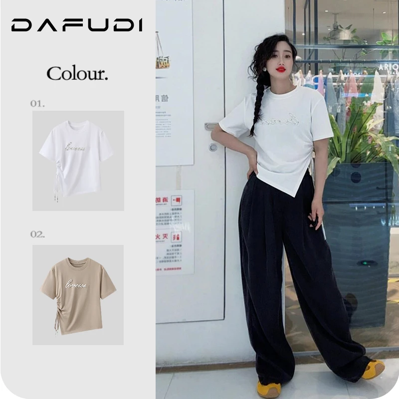 【T恤】2025夏季新款不规则抽绳珠片叠绣短袖上衣女A6497