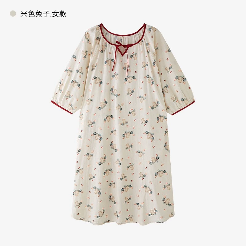 法式睡裙女夏纯棉纱布睡衣7分袖宽松睡裙