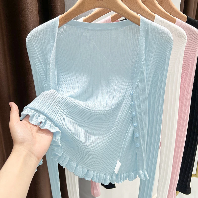 蓝色软糯爆款搭配吊带裙外搭长袖v领开衫女夏季新款高级感针织衫