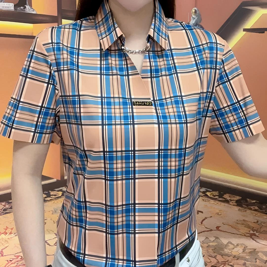 2025新款男士时尚商务休闲百搭潮流格子夏季短袖套头衬衫格纹帅气