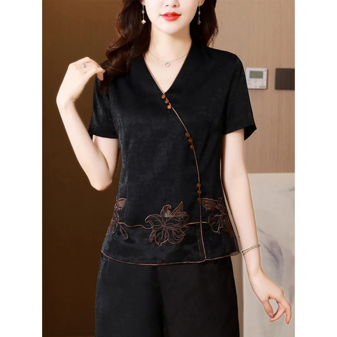 高端衬衫中年女士装夏季新款妈妈小衫宽松显瘦遮肚子短袖上衣大码