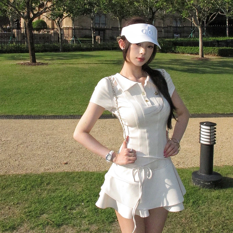 【运补6米】高尔夫女法式时尚拼接收腰显瘦系带polo领连衣裙