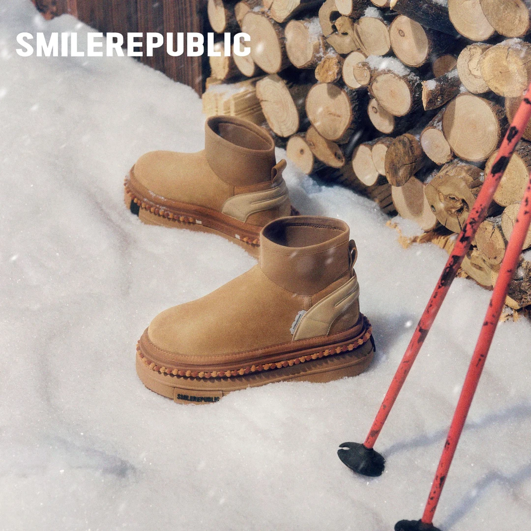 smilerepublic炭黑色/杏色厚底DIY低帮雪地靴加绒加厚