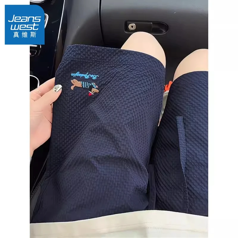 真维斯夏季新款泡泡纱男士冰丝短裤宽松痞帅潮牌腊肠狗五分休闲裤