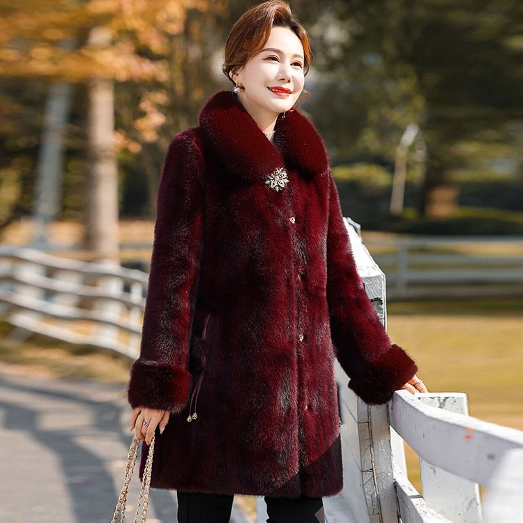 冬季时尚气质加棉加厚保暖中长款妈妈装毛毛外套秋冬中老年显瘦