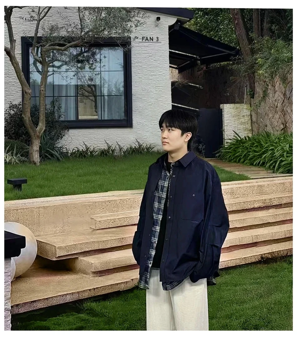 XDZZ二狗25ss秋季百搭高街宽松假两件设计格子衬衫外套C189