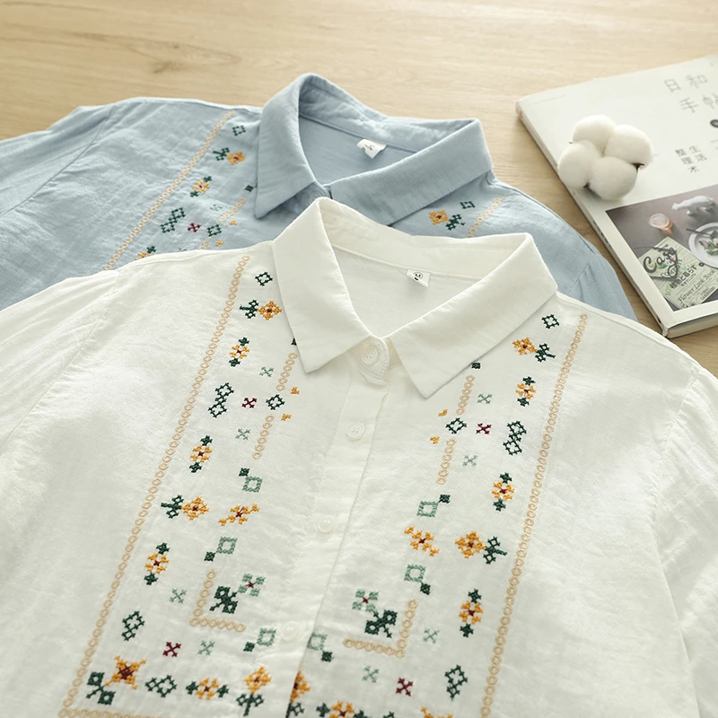 2049复古民族风刺绣衬衫女百搭长袖双层棉纱打底白衬衣休闲上衣
