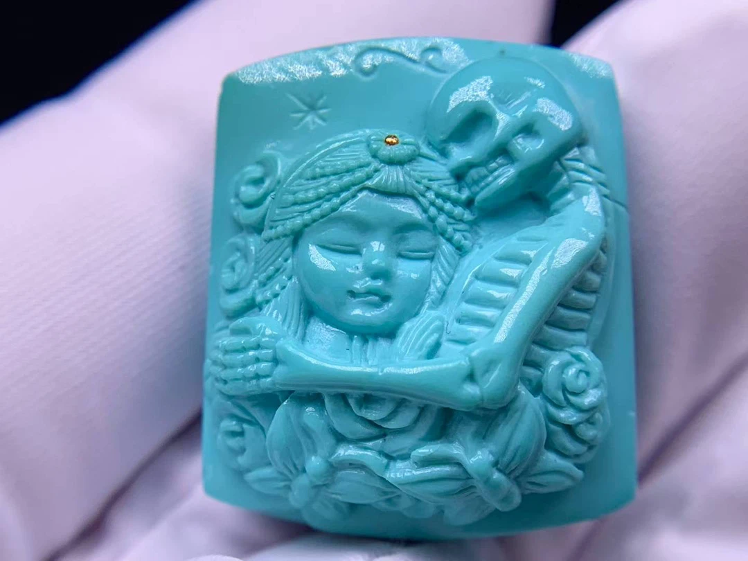 湖北天然原矿绿松石高瓷精品雕刻扎基拉姆前世今生牌子 瓷高料润