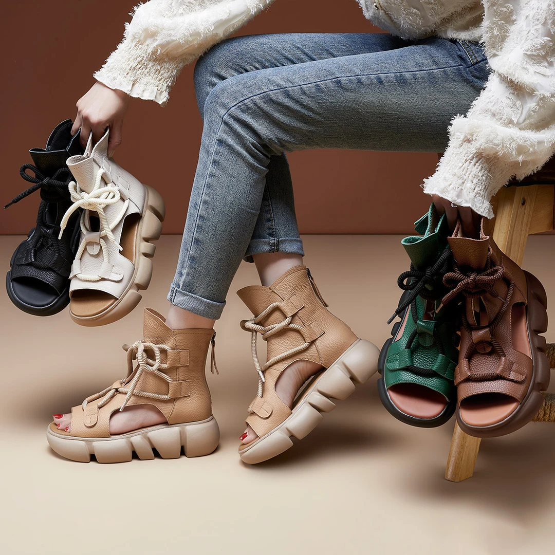 ｜君自逍遥-惊喜｜BK328头层牛皮夏季厚底复古风拉链鱼嘴凉鞋女女鞋