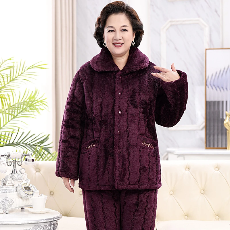 中老年睡衣女冬季珊瑚绒加厚加绒三层夹棉妈妈老人保暖家居服套装