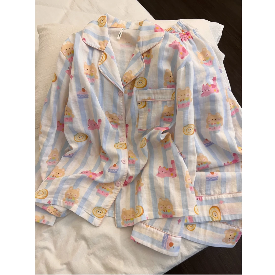 韩版卡通可爱小熊印花睡衣女春秋新款大码长袖长裤居家套装可外穿