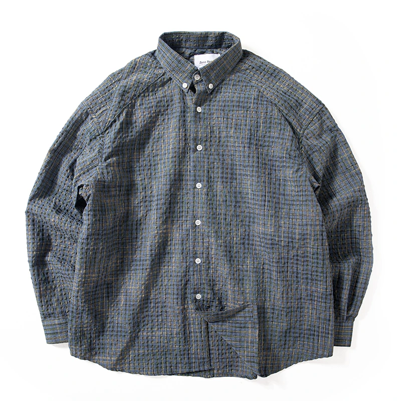 Enbi Simcotton男生衬衫外套春秋潮牌色织泡泡纱廓形外穿长袖衬衣