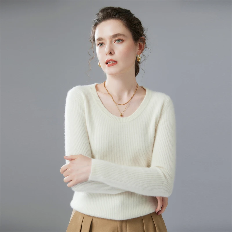 坑条U领修身百搭山羊绒打底衫针织衫显瘦毛衣