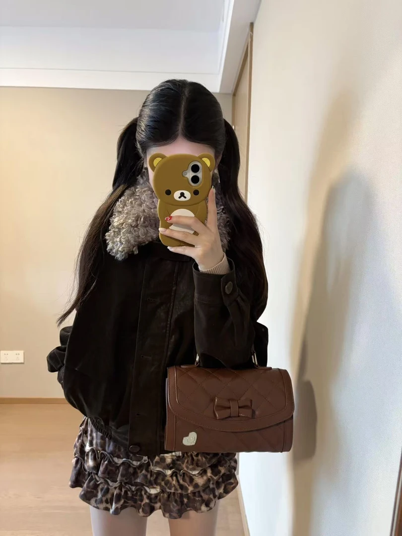 2025秋冬新款韩系气质甜美翻领高级感外套豹纹蛋糕裙两件套装