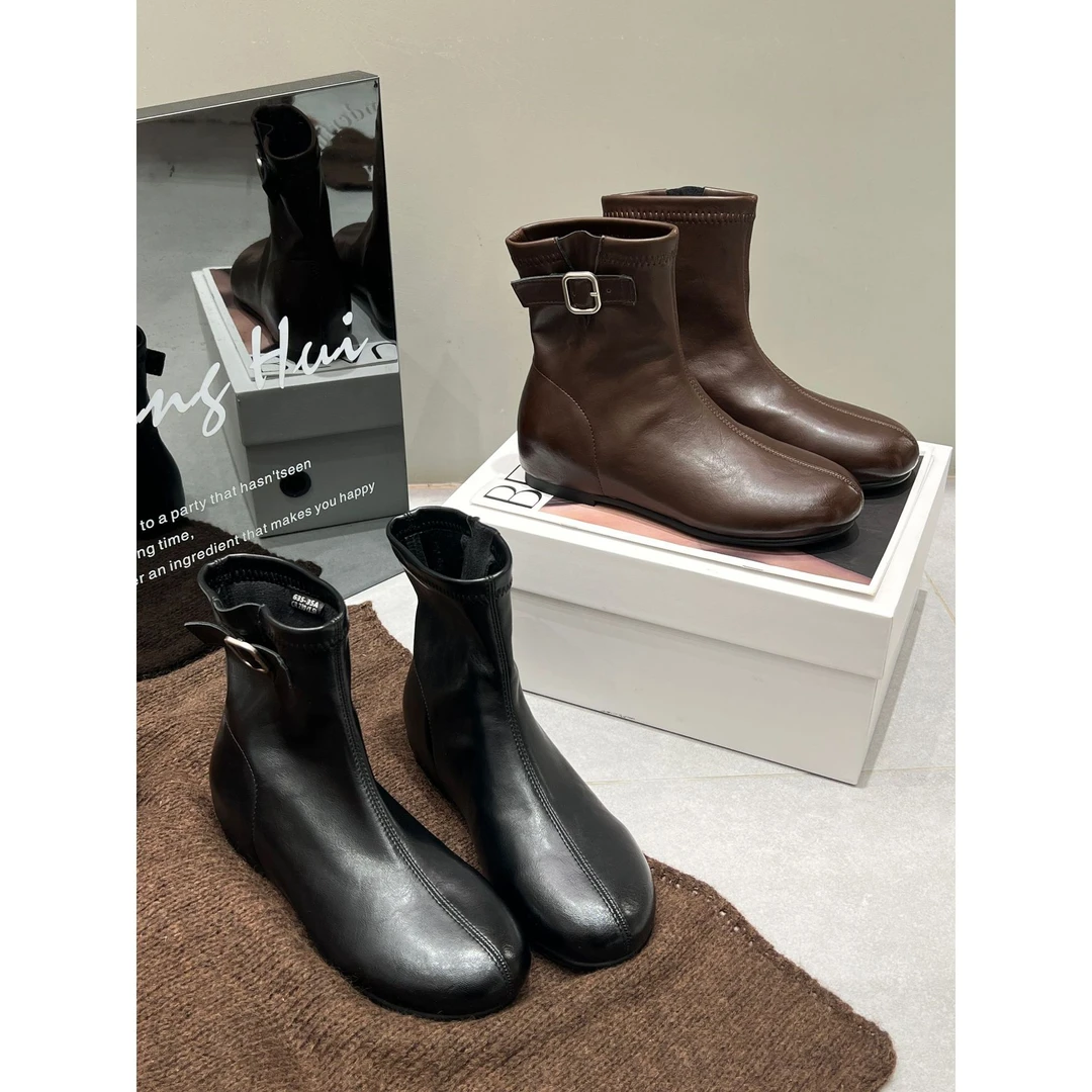 厚底秋冬时尚粗跟圆头百搭瘦瘦靴女款时装靴现货鞋面内