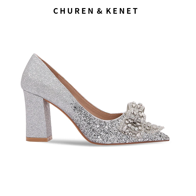 CHUREN&KENET小CK尖头粗跟婚鞋女蝴蝶结高跟鞋亮片拼接新娘鞋结婚