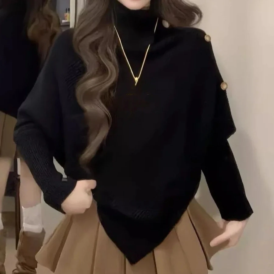 新款设计感不规则黑色高领针织衫上衣复古日系慵懒风秋冬软毛衣女